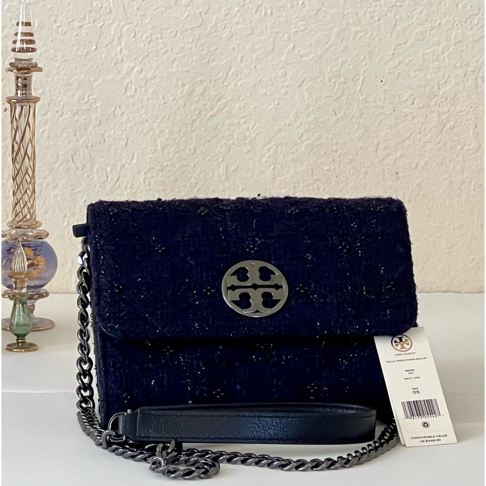 NWT Tory Burch Willa Tweed Chain Wallet in Navy.